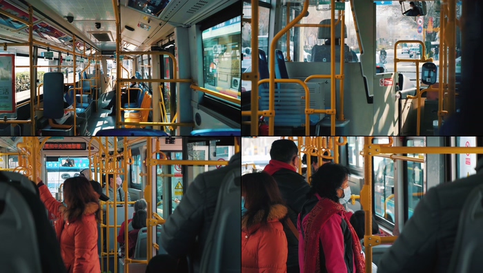 实拍疫情期间青岛公交绿色出行戴口罩的人升格镜头视频素材